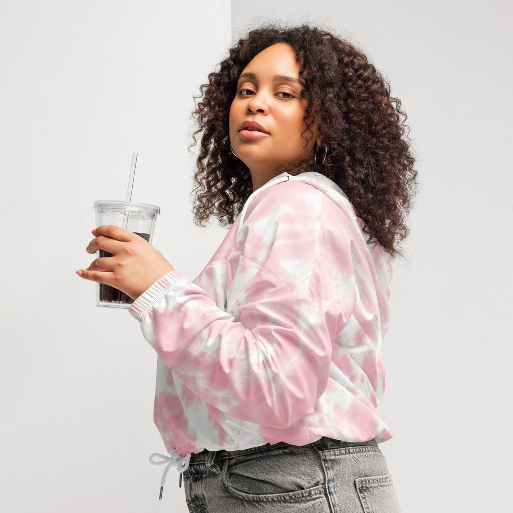 Women’s pink and white tie dye cropped bomber jacket lightweight water resistant windbreaker with adjustable hood and pockets