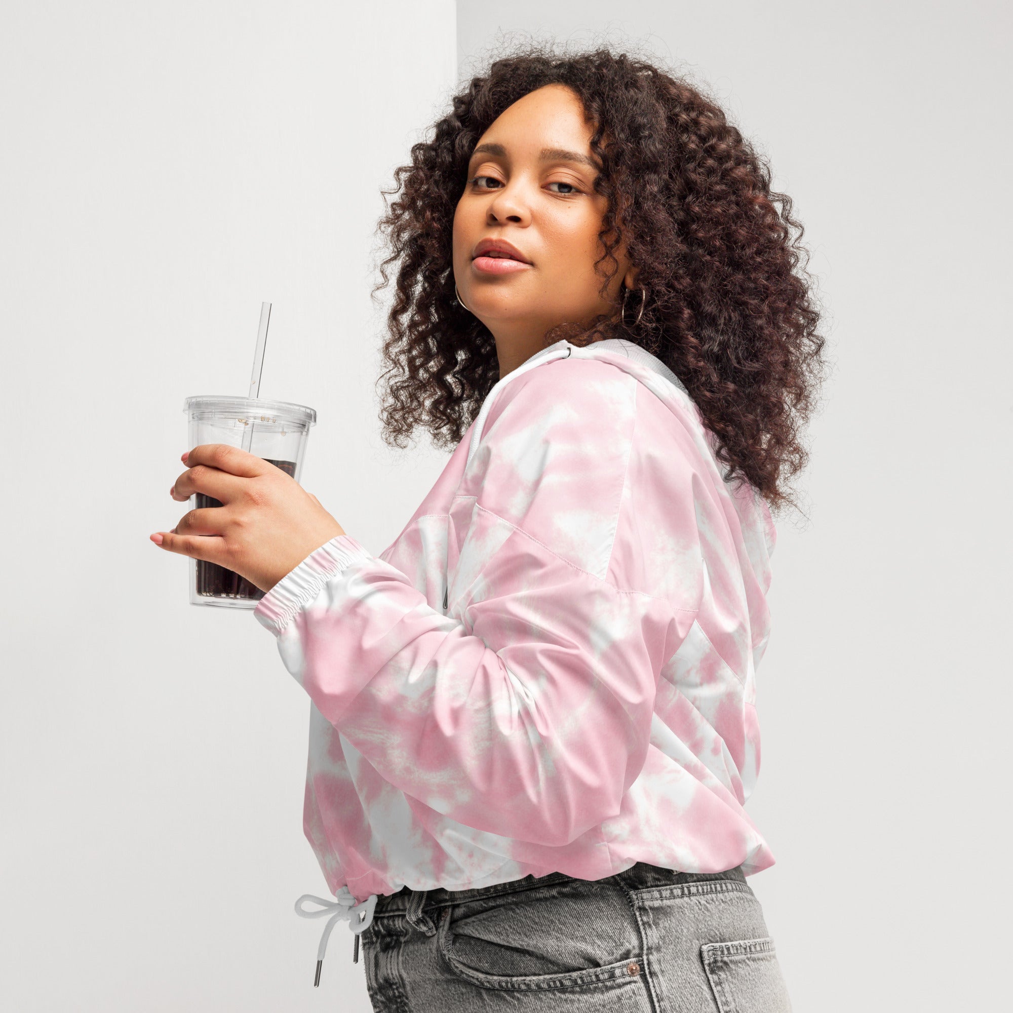 Women’s pink and white tie dye cropped bomber jacket lightweight water resistant windbreaker with adjustable hood and pockets