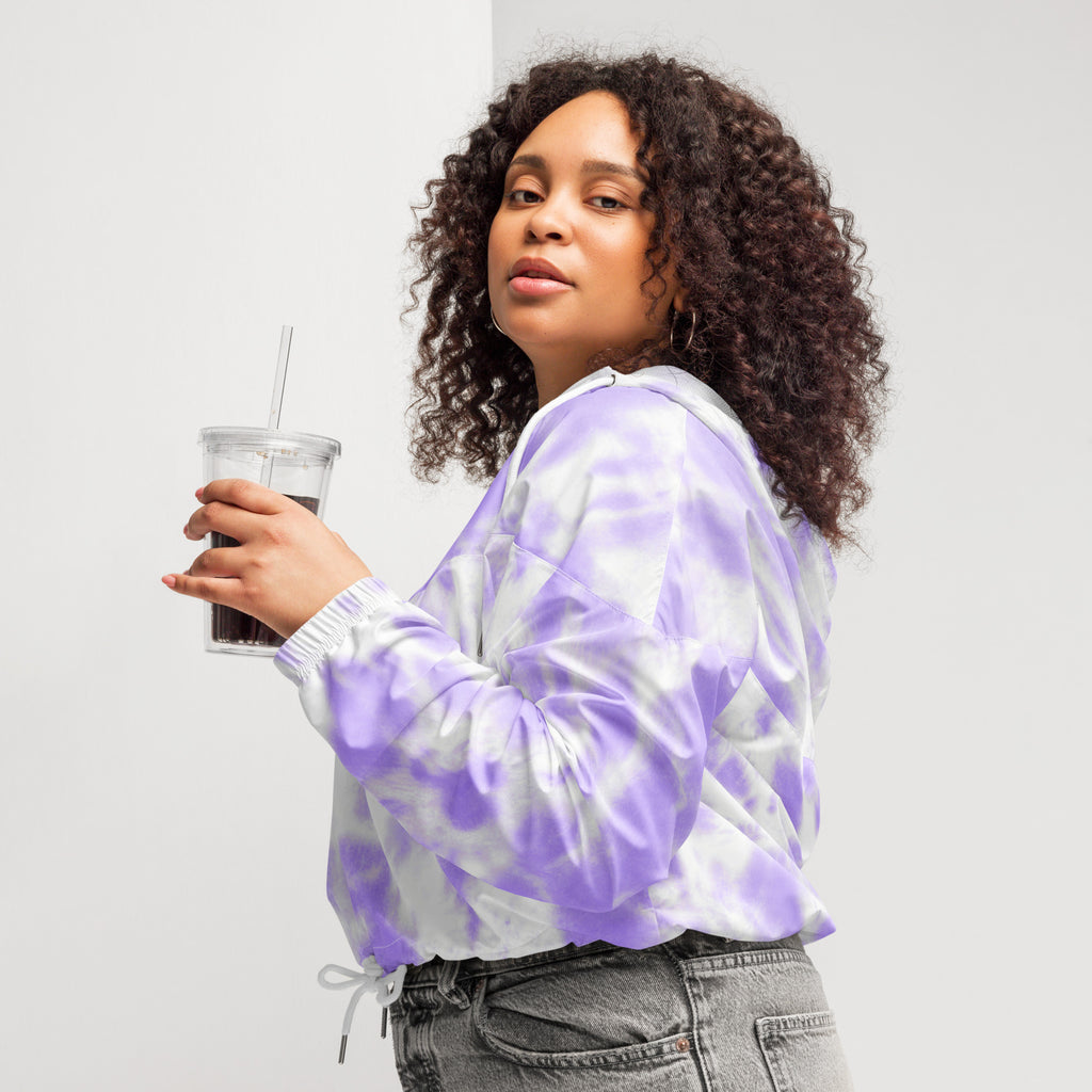 Women’s purple tie dye cropped windbreaker bomber jacket with quilted texture and adjustable hood and pockets
