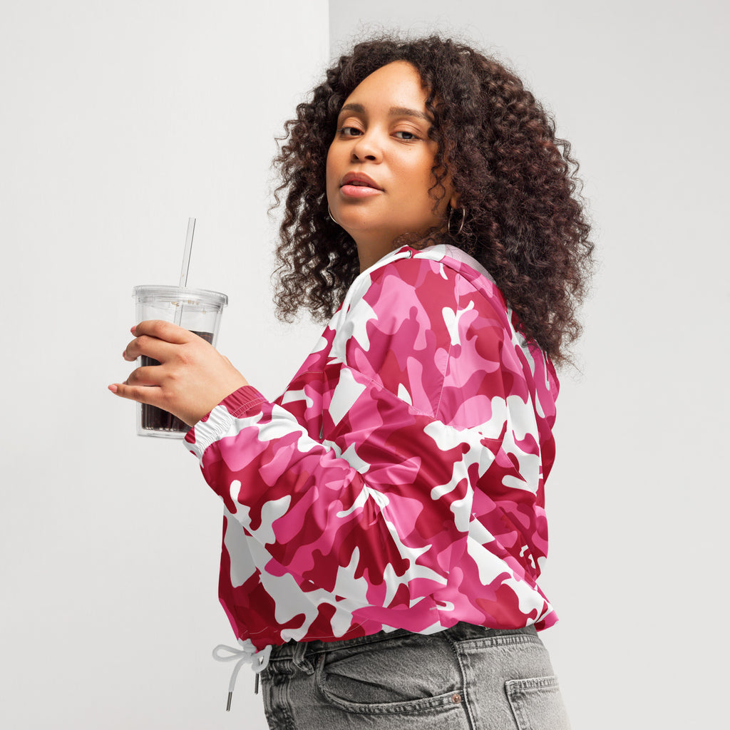 Women’s bright pink and white camouflage cropped bomber jacket with shiny lightweight fabric and adjustable hood