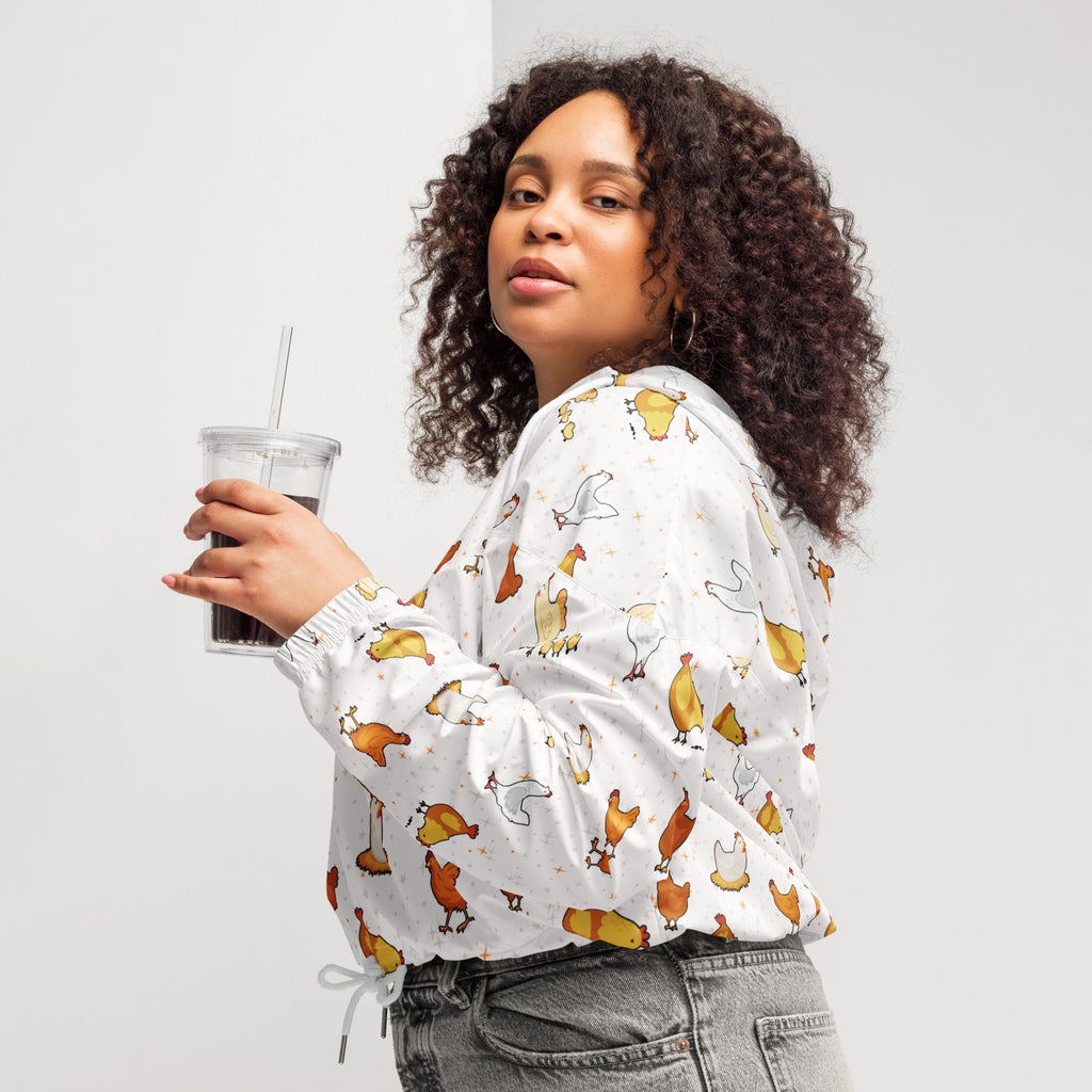 White long-sleeved cropped hoodie with playful orange brown and white chicken print lightweight and water resistant