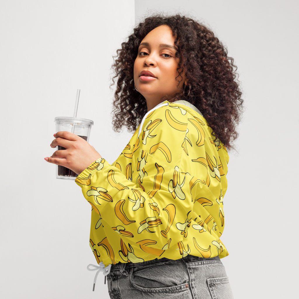 Women’s yellow banana print cropped bomber jacket lightweight water resistant with adjustable hood and pockets