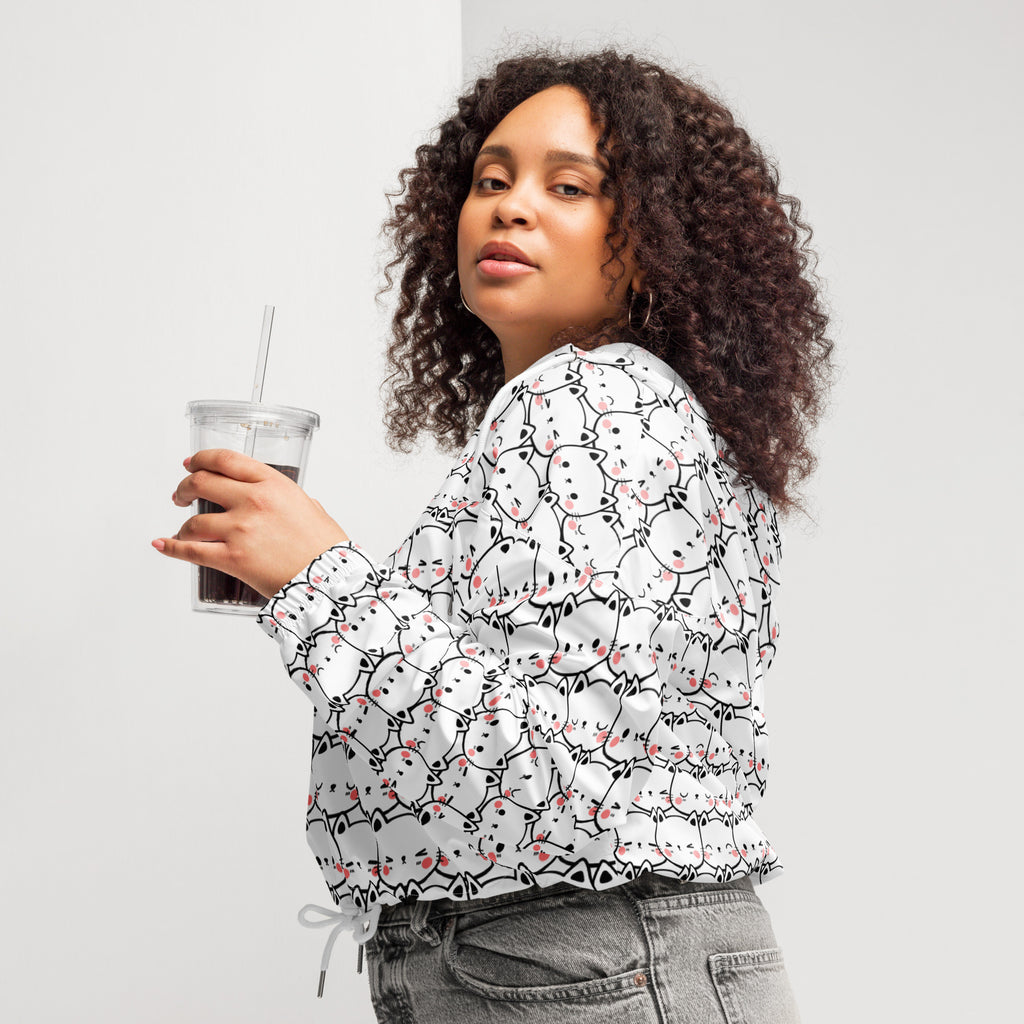 Women’s white cropped windbreaker with black and pink cartoon cat print lightweight water resistant jacket with hood