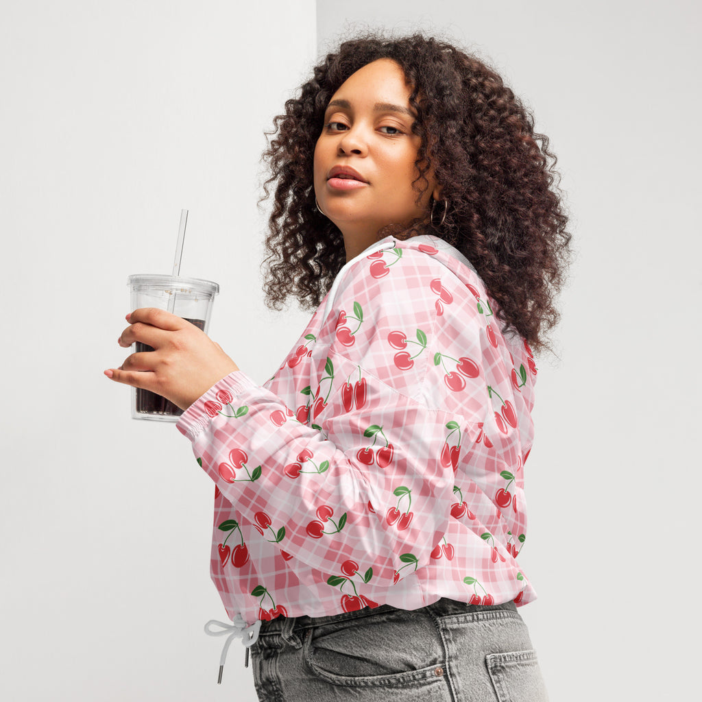 Women’s pink cherry plaid cropped bomber jacket with drawstring waistband and lightweight water resistant fabric