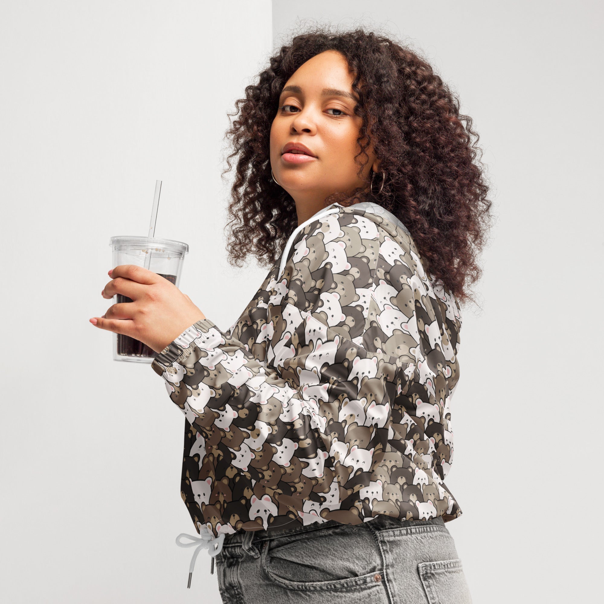 Women’s bear face cropped windbreaker in dark brown with white and gray cartoon bears lightweight and water resistant