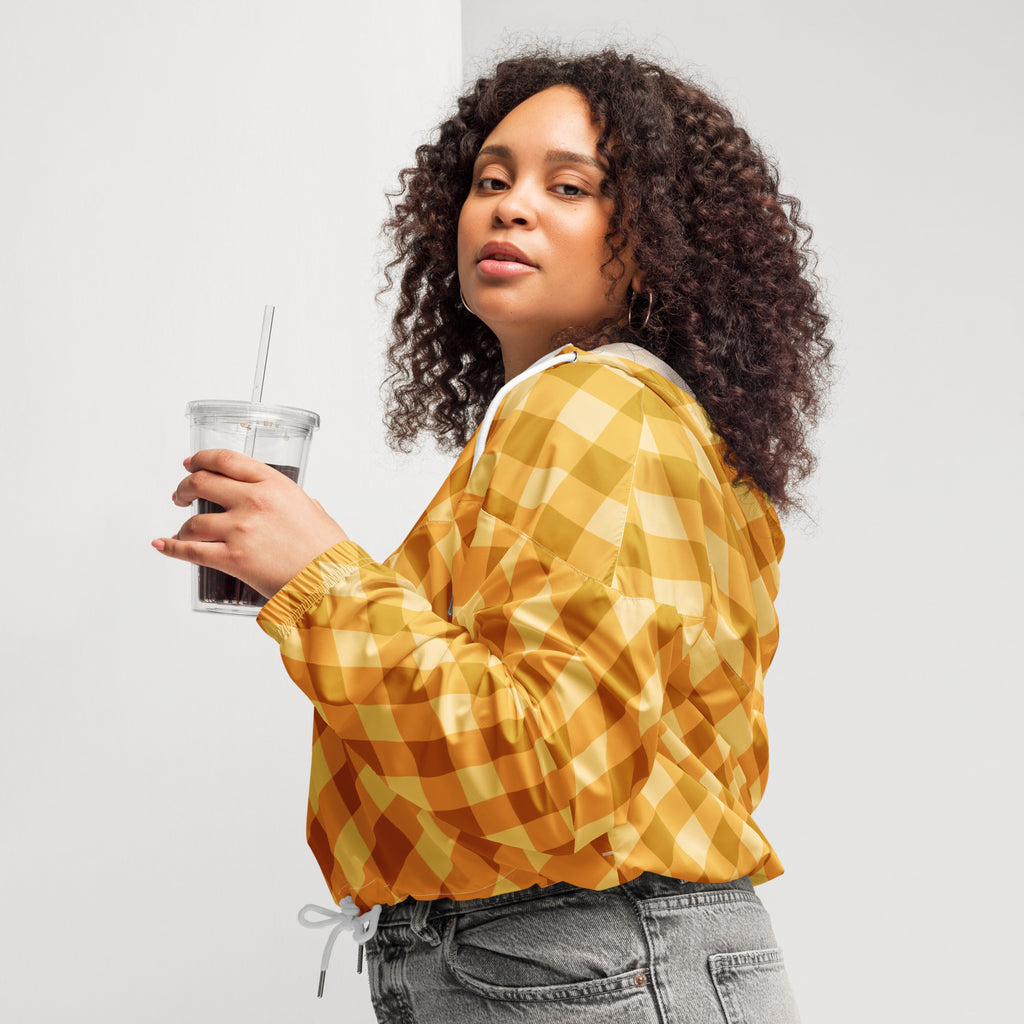 Women’s orange and yellow checkered bomber jacket with white drawstring waistband lightweight and water resistant