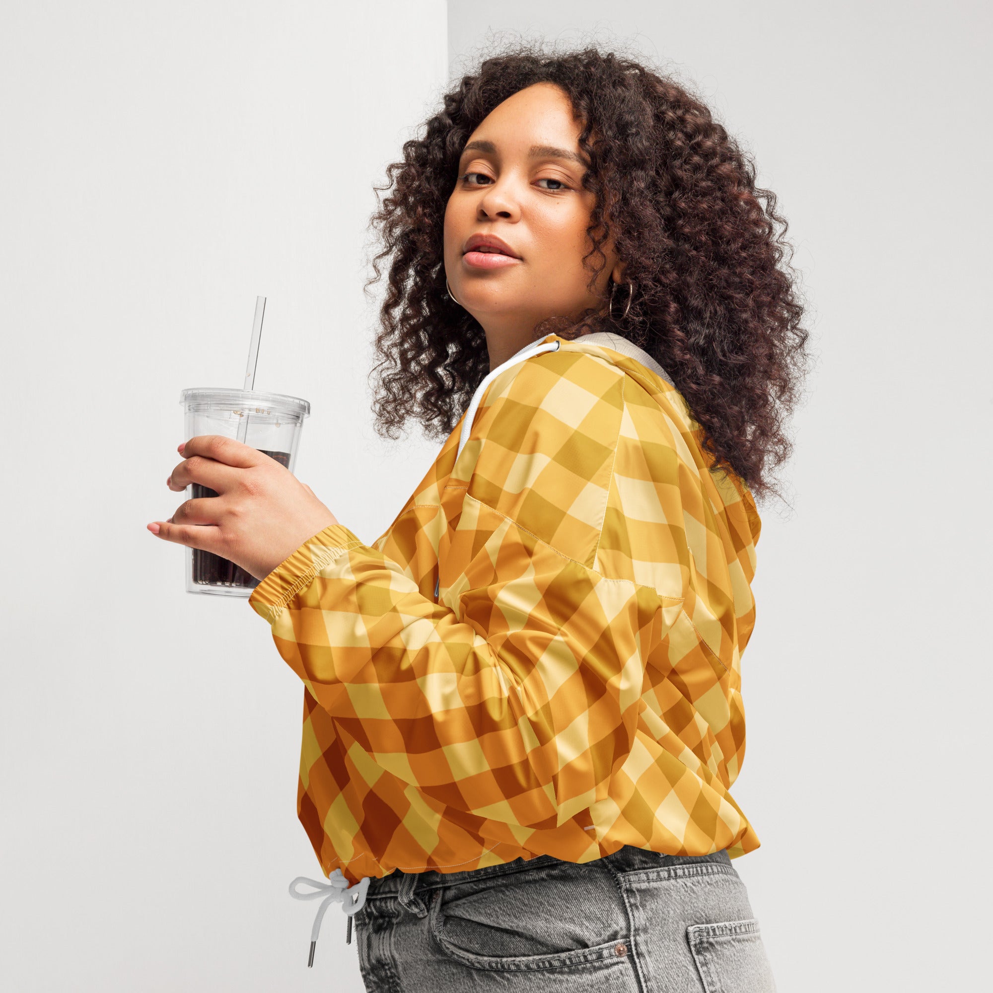 Women’s orange and yellow checkered bomber jacket with white drawstring waistband lightweight and water resistant