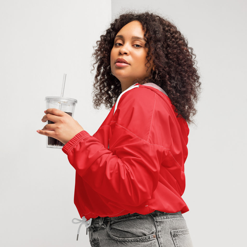 Women’s red cropped windbreaker with white drawstring and collar trim lightweight water resistant jacket with pockets