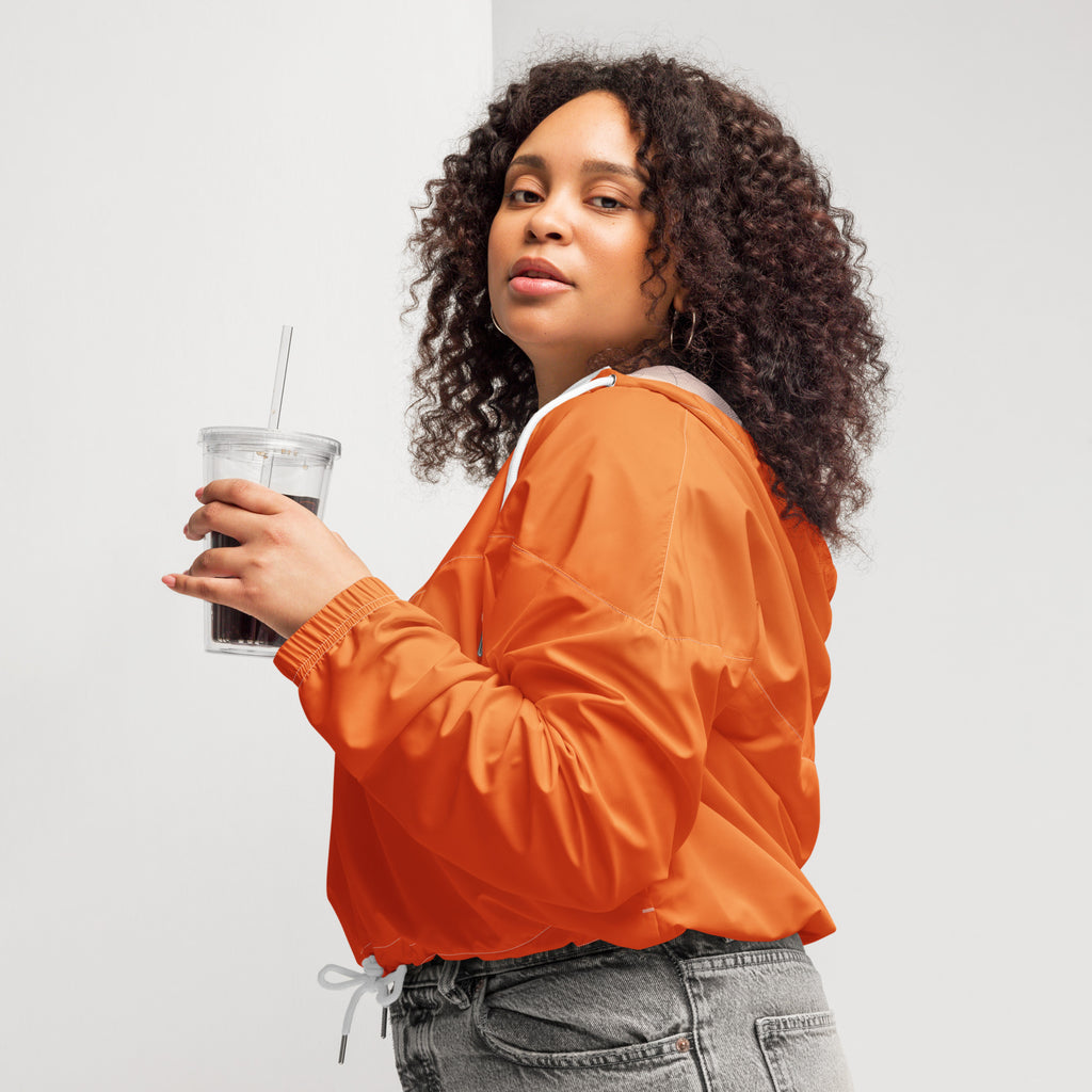 Women’s orange cropped satin bomber jacket with white drawstring and hood lining lightweight and water resistant