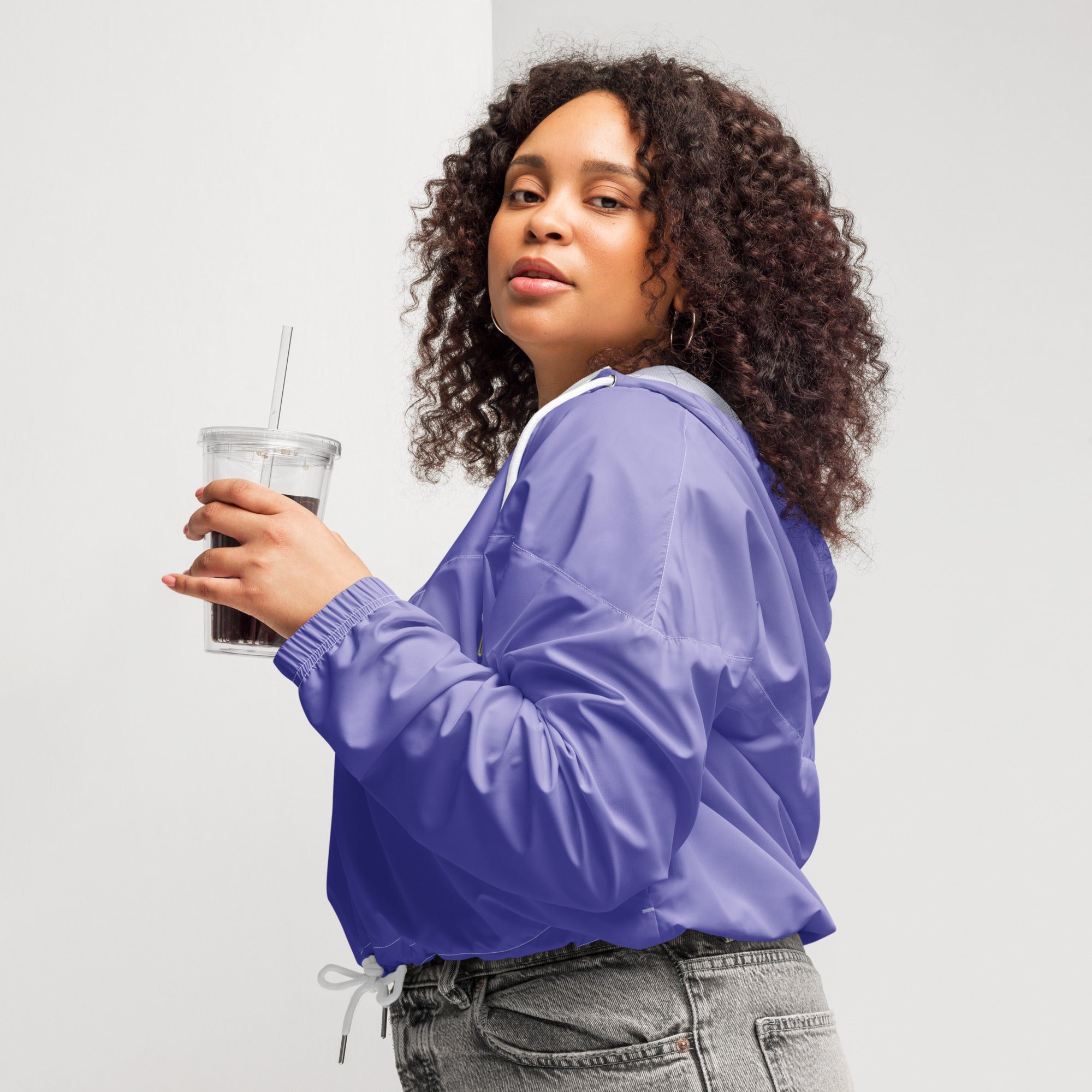 Women’s purple cropped satin bomber jacket with white drawstring waist and lightweight windbreaker design