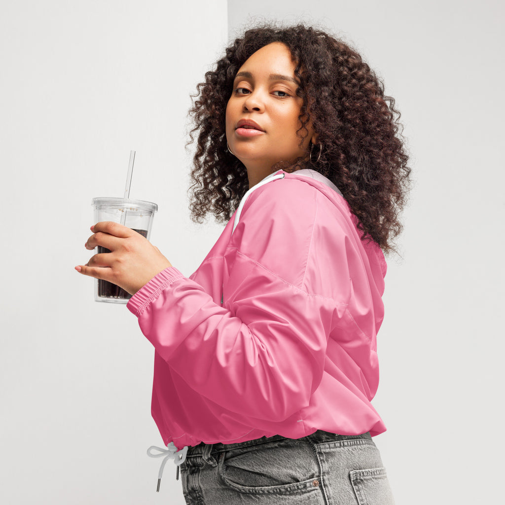 Women’s pink satin cropped bomber jacket with white drawstring hood lining lightweight windbreaker with pockets