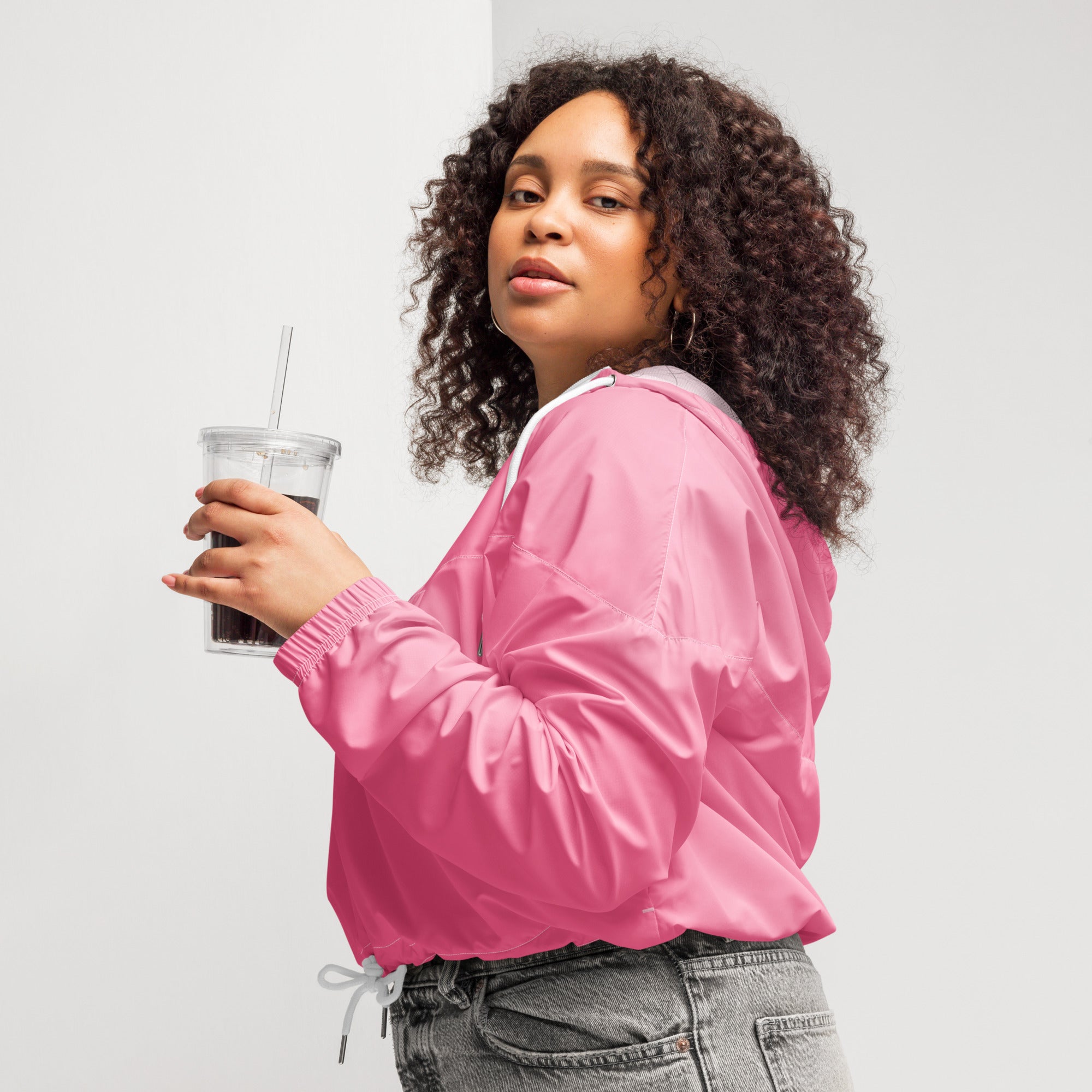 Women’s pink satin cropped bomber jacket with white drawstring hood lining lightweight windbreaker with pockets