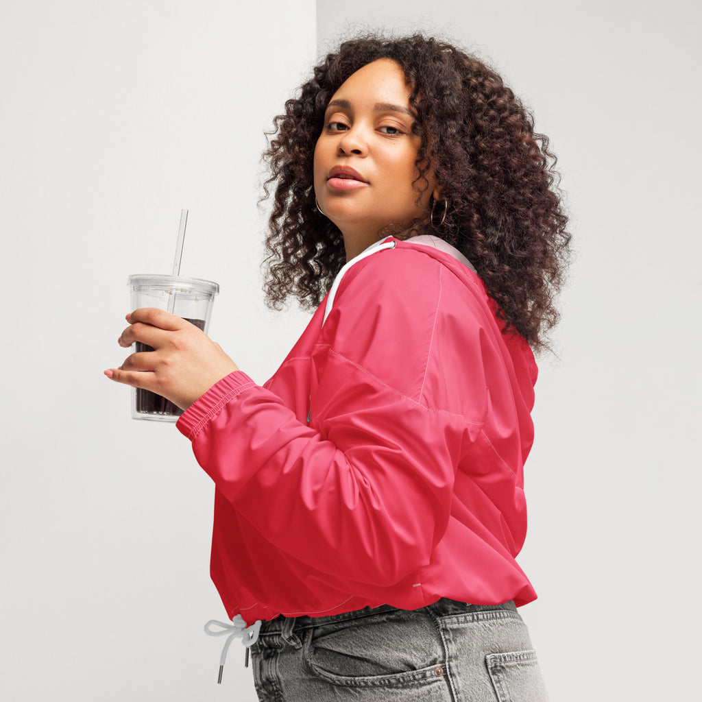 Women’s bright pink cropped windbreaker with white trim drawstring lightweight water resistant jacket with hood pockets