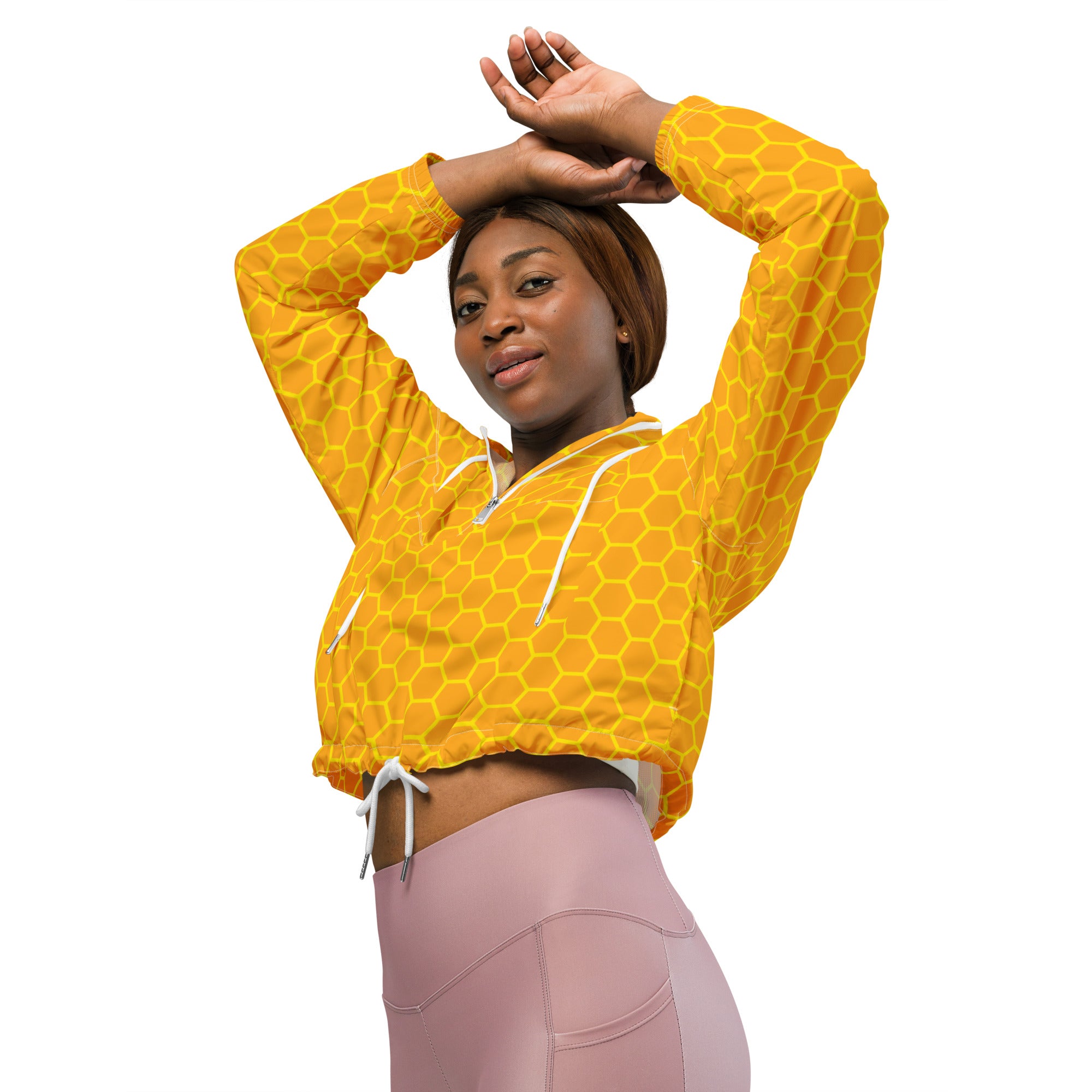 Yellow honeycomb-patterned cropped windbreaker hoodie with white drawstrings lightweight water resistant jacket for women