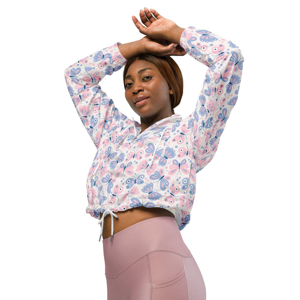 Women’s pastel butterfly cropped windbreaker with long sleeves lightweight water resistant jacket in pink and lavender