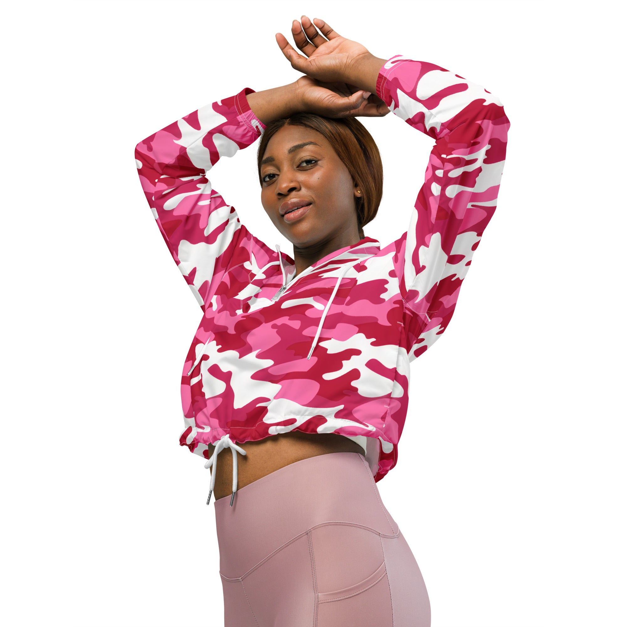 Women’s bright pink cropped windbreaker jacket with vibrant pink and white camouflage pattern, lightweight and water resistant