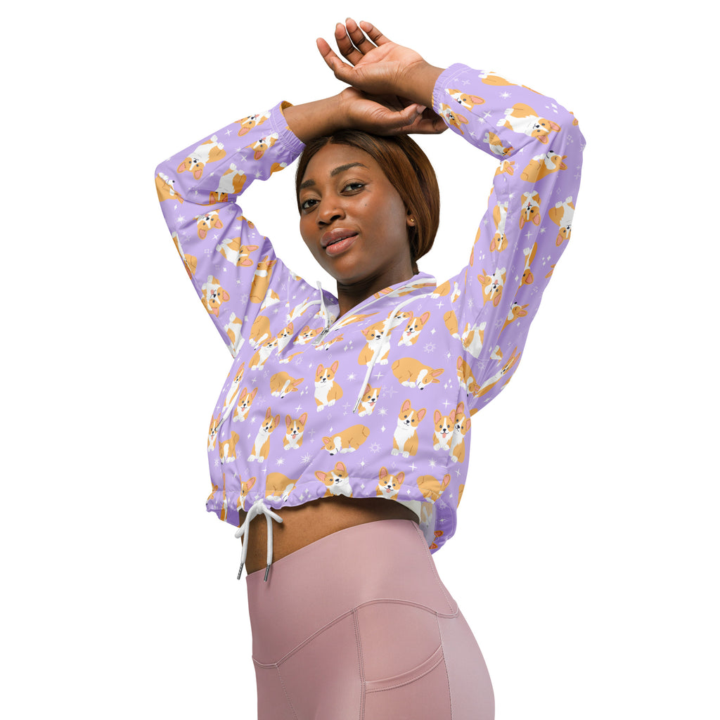Lavender cropped hoodie with lightweight water resistant fabric and repeating orange and white corgi dog pattern