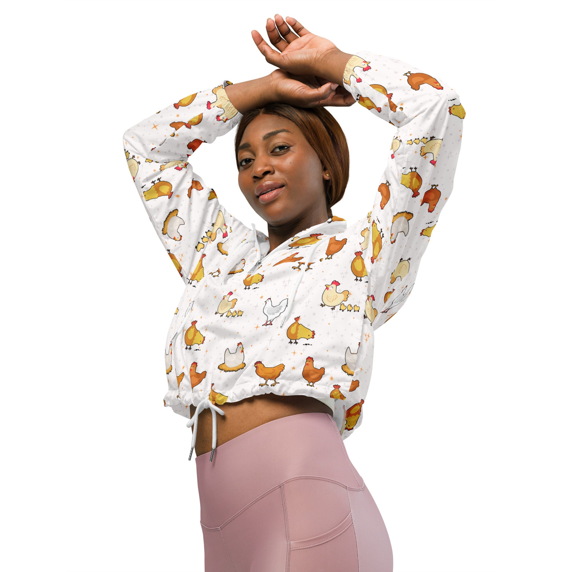 Women’s white cropped lightweight windbreaker jacket with adjustable hood and playful yellow chicken and chick pattern