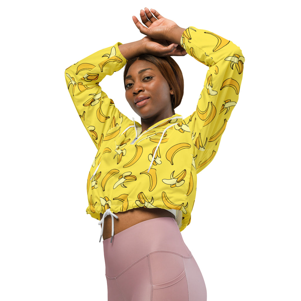 Women’s yellow banana-print cropped windbreaker with adjustable hood white drawstrings lightweight and water resistant