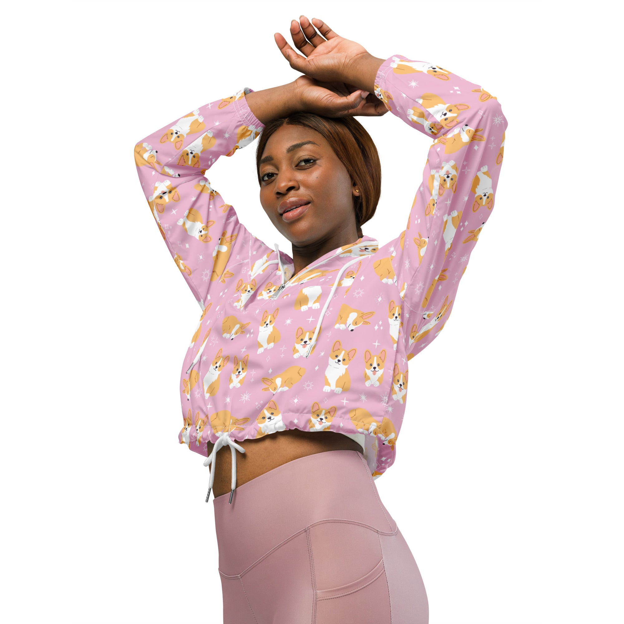 Women’s pink cropped windbreaker with playful corgi and star pattern lightweight and water resistant with hood and pockets