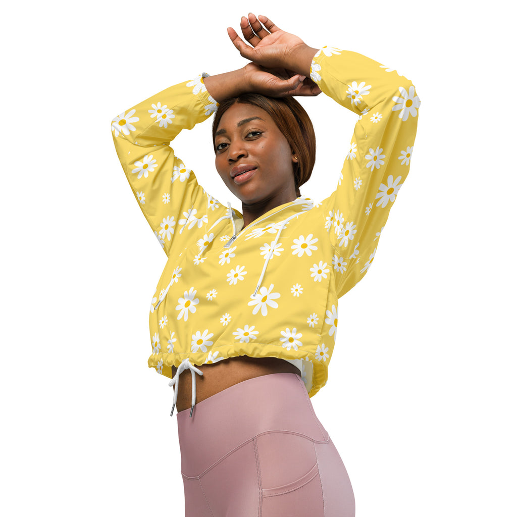 Women’s yellow cropped windbreaker with white daisy pattern drawstrings lightweight water resistant jacket
