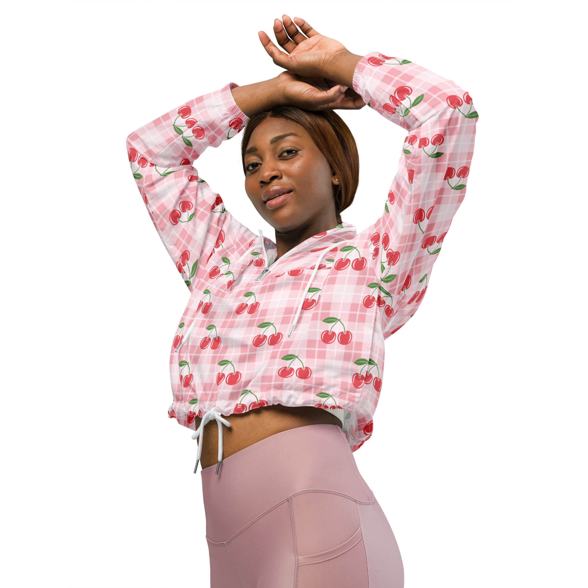 Women’s pink and white checkered cropped hoodie with red cherry prints lightweight windbreaker with adjustable hood