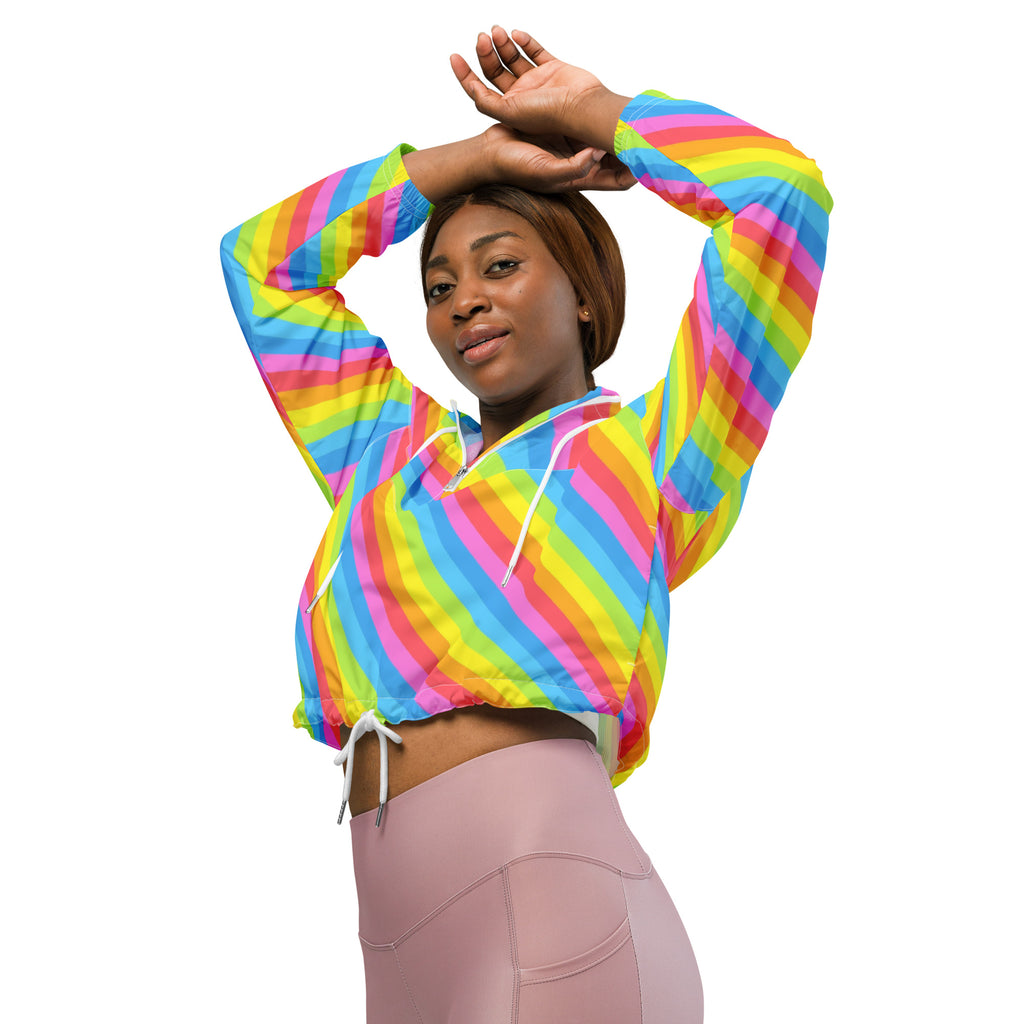 Women’s lightweight rainbow stripe cropped windbreaker with adjustable hood drawstring and elastic cuffs
