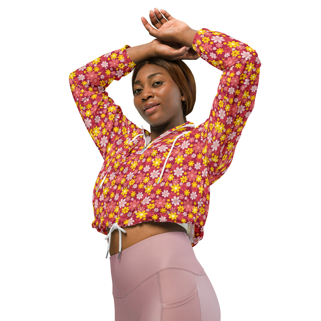 Women’s red floral cropped windbreaker with vibrant pink hoodie featuring yellow white flowers and white drawstrings