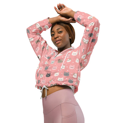 Women’s cute pink cat faces cropped windbreaker with playful cartoon cat pattern, adjustable hood, and drawstrings