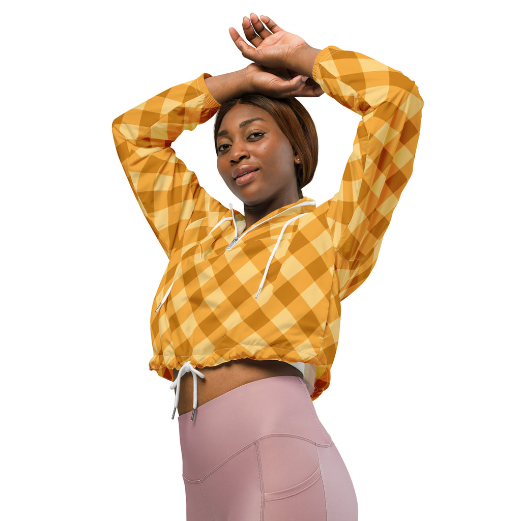 Women’s orange gingham cropped windbreaker in vibrant yellow and cream checkered lightweight fabric with adjustable hood