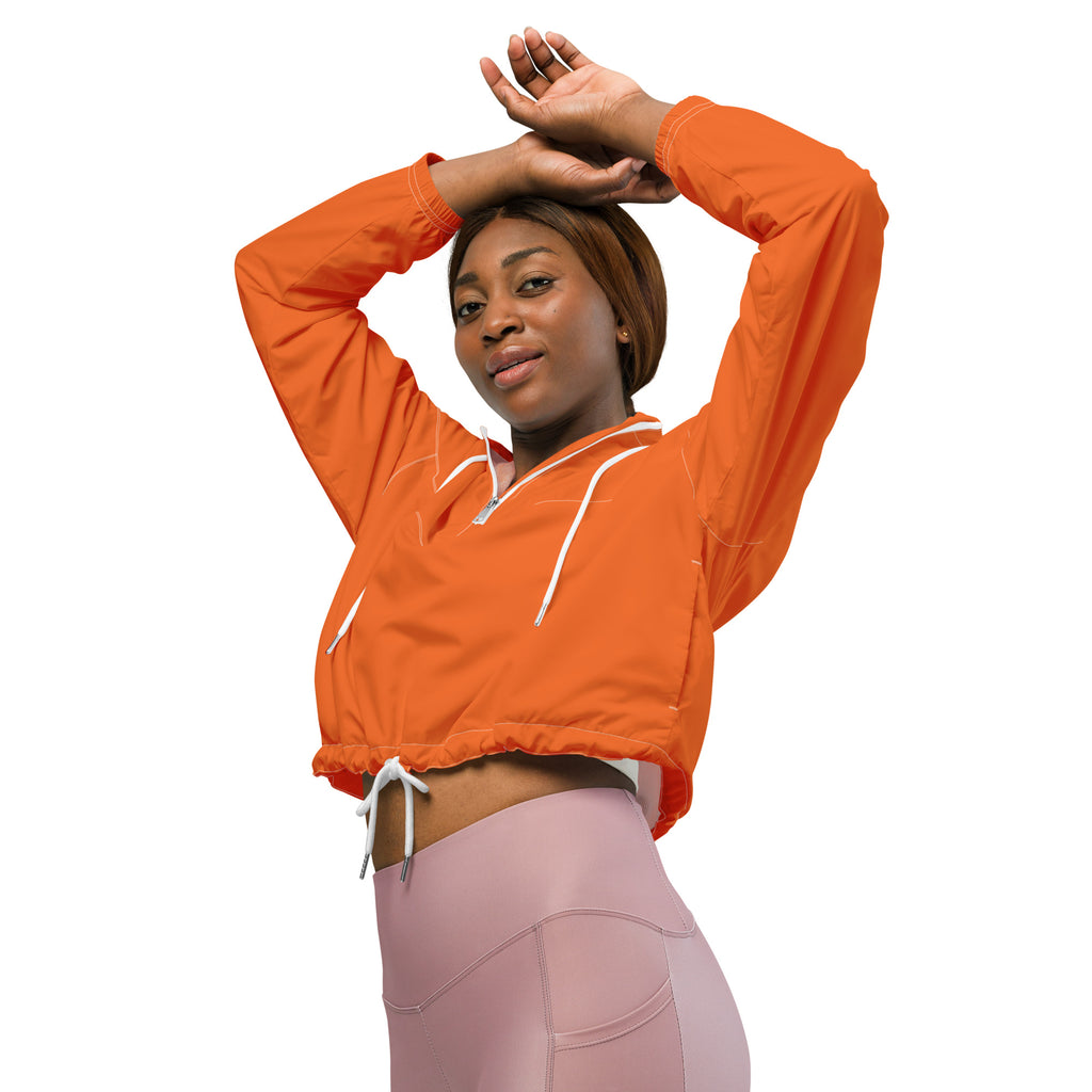 Women’s orange cropped windbreaker with white drawstrings and zipper neckline lightweight water resistant jacket