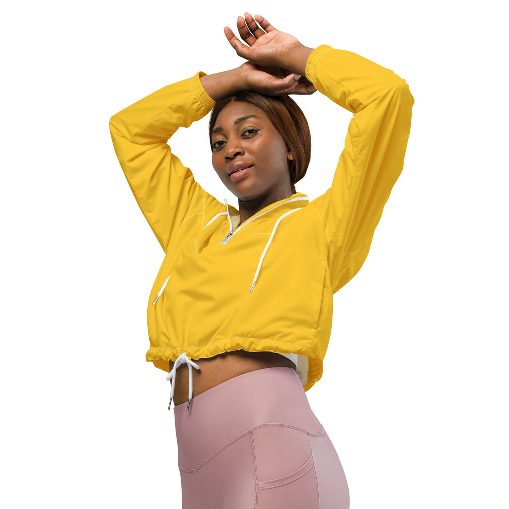 Women’s yellow cropped windbreaker with adjustable hood white drawstrings and cinched waistband for lightweight wear