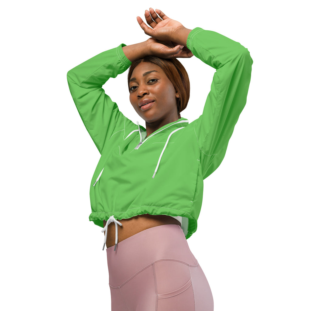 Women’s vibrant green cropped windbreaker with white drawstrings zipper front lightweight water resistant jacket