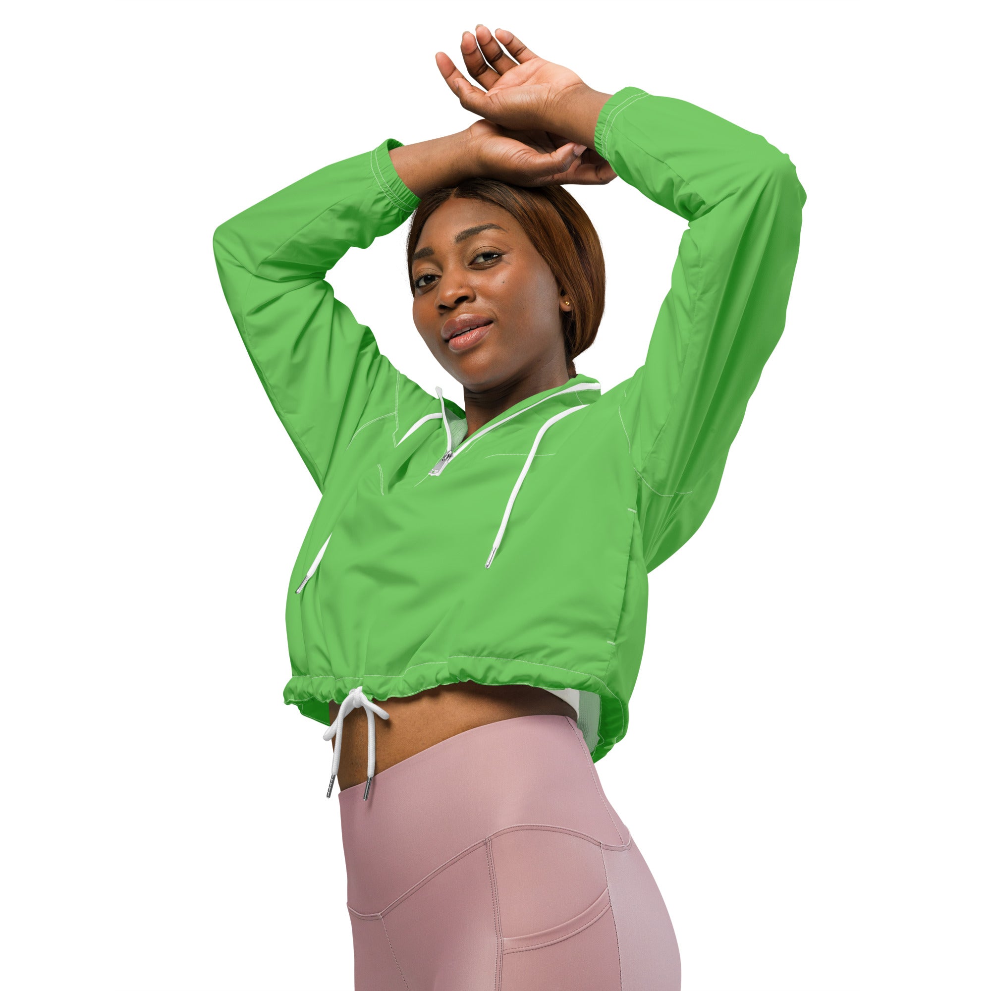 Women’s vibrant green cropped windbreaker with white drawstrings zipper front lightweight water resistant jacket