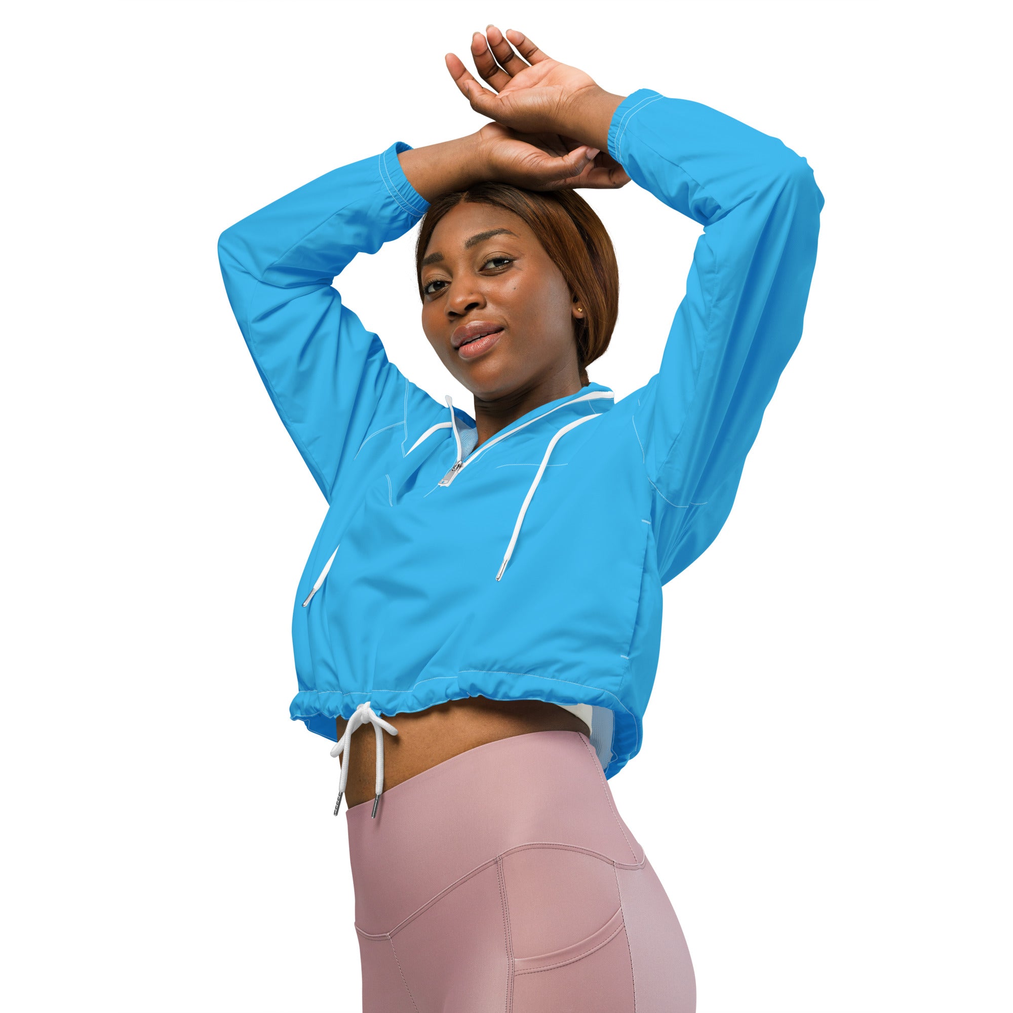 Women’s sky blue cropped windbreaker with white drawstrings half-zip front lightweight water resistant jacket