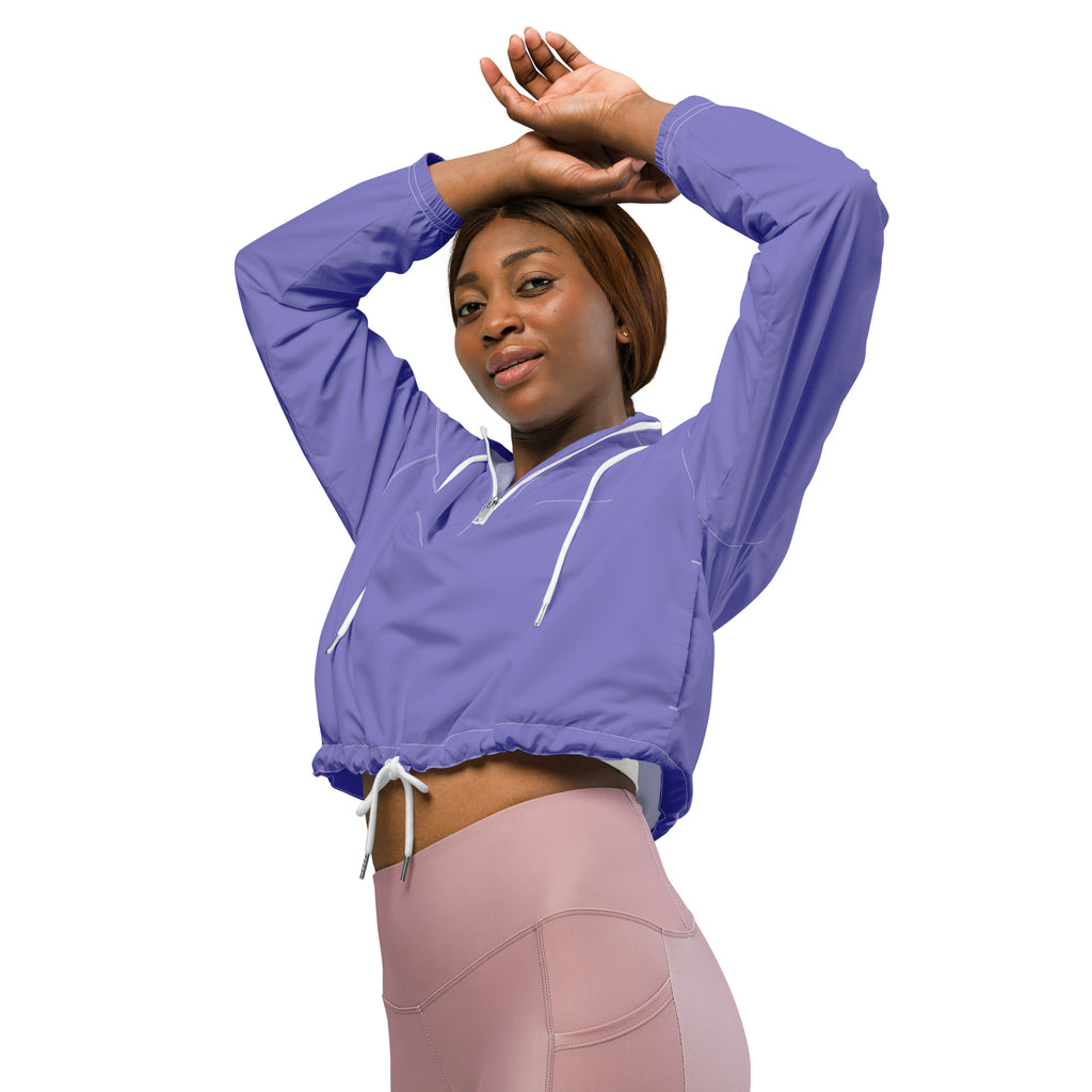 Women’s purple cropped windbreaker with white zipper and drawstring details lightweight water resistant jacket