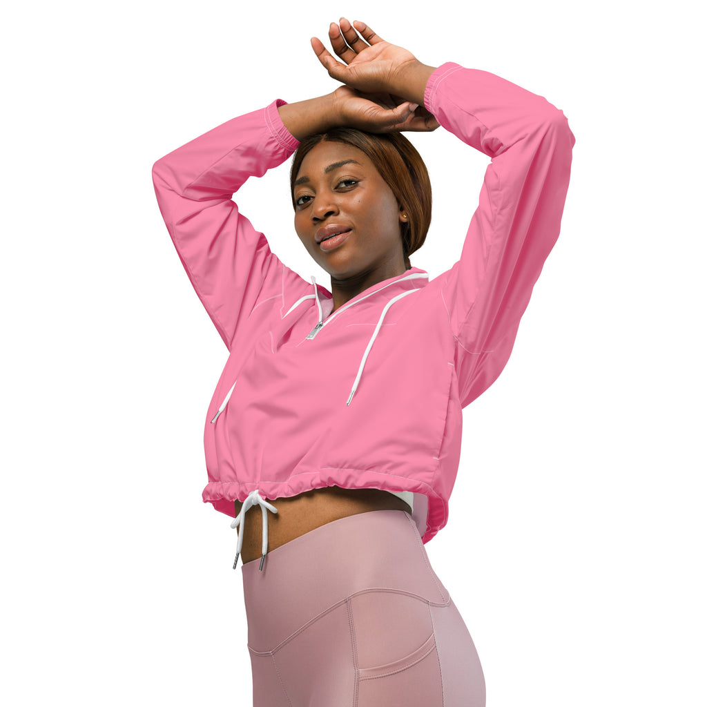 Women’s pink cropped windbreaker with white drawstrings half-zip front lightweight water resistant jacket with pockets