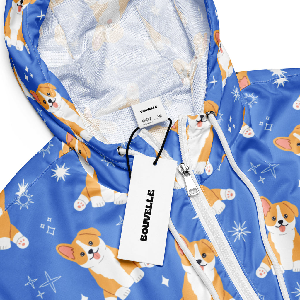 Women’s blue corgi dog cropped windbreaker with playful star pattern white zipper pulls and mesh lining