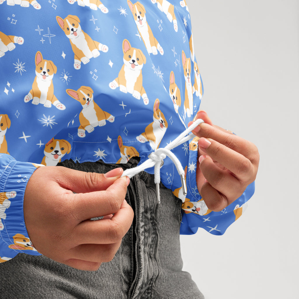 Women’s blue corgi dog cropped windbreaker with playful cartoon corgi pattern white drawstrings lightweight and water resistant