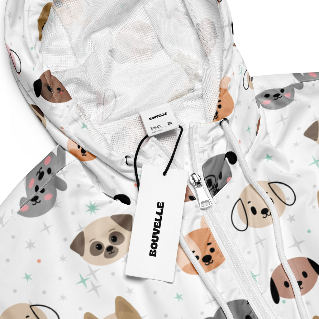 White bouvelle women’s dog face cropped windbreaker featuring cartoon dogs pattern lightweight water resistant jacket with hood and pockets
