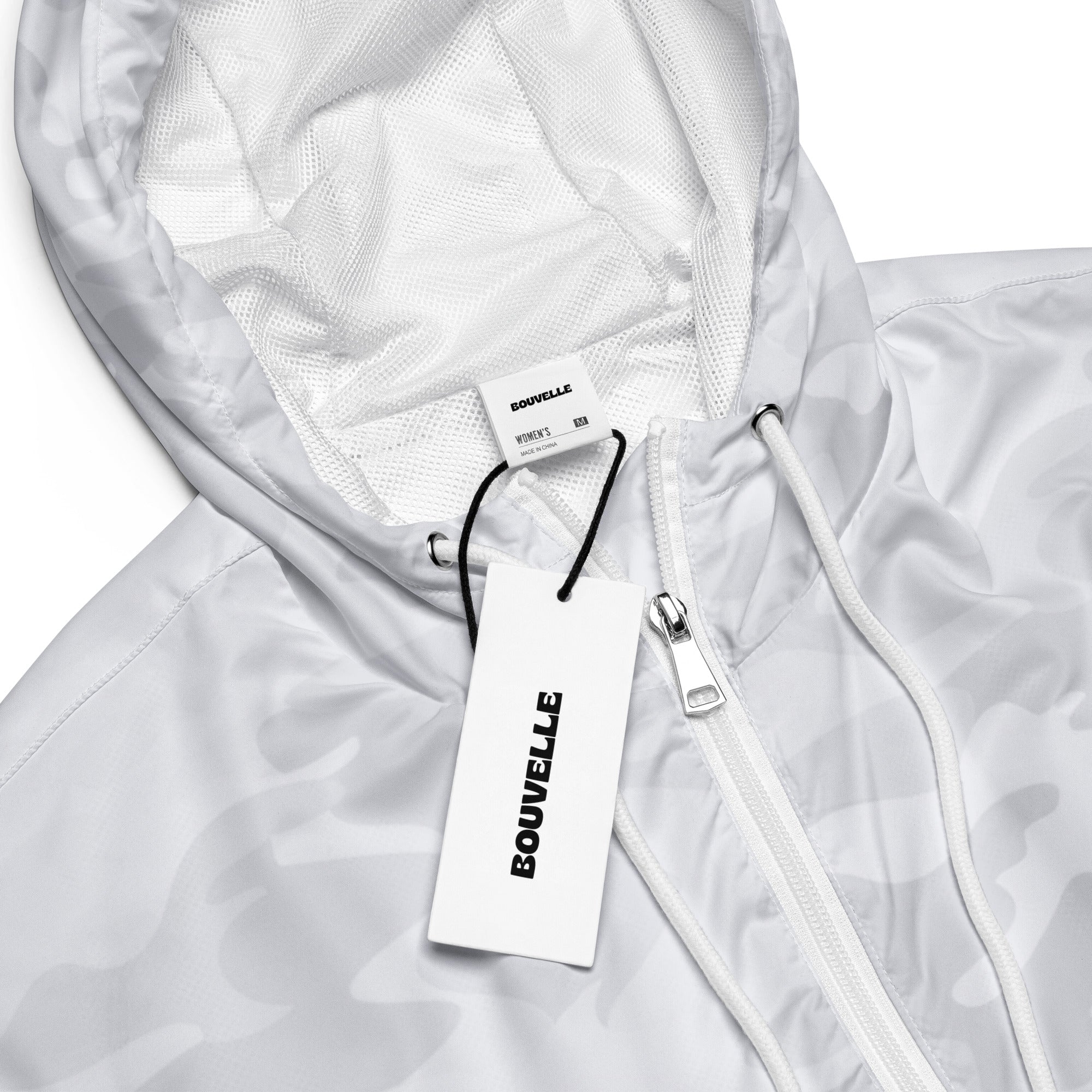 Women’s white camouflage cropped windbreaker with mesh lining and silver zipper lightweight and water resistant