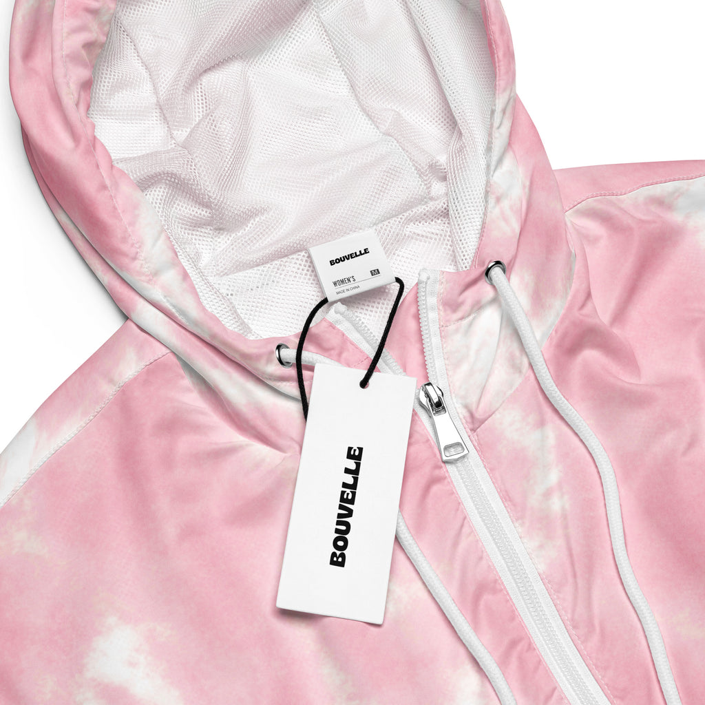 Women’s pink tie dye cropped windbreaker with white zipper drawstrings and mesh lined hood lightweight and water resistant