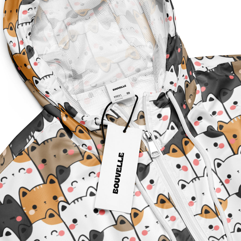 White lightweight women’s kawaii cat cropped windbreaker with adjustable hood and playful cartoon cat pattern