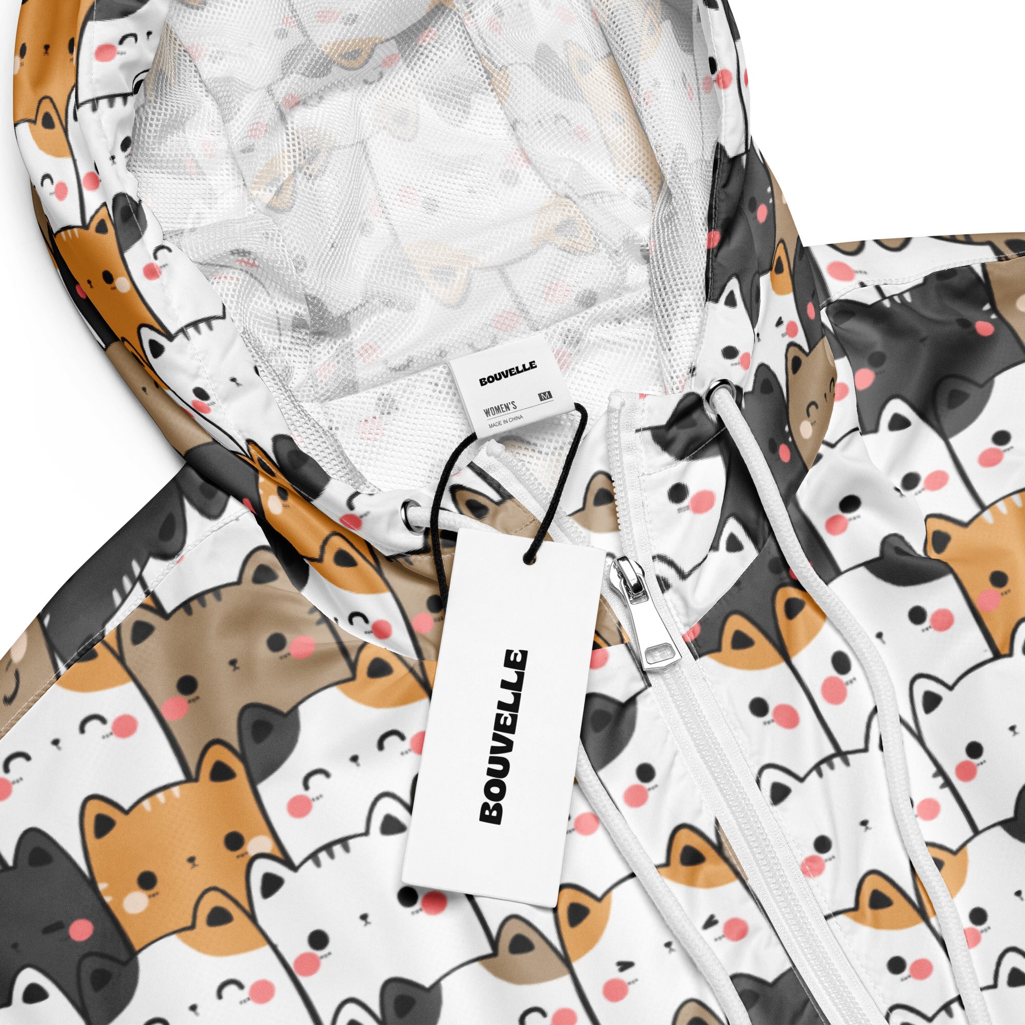 White lightweight women’s kawaii cat cropped windbreaker with adjustable hood and playful cartoon cat pattern