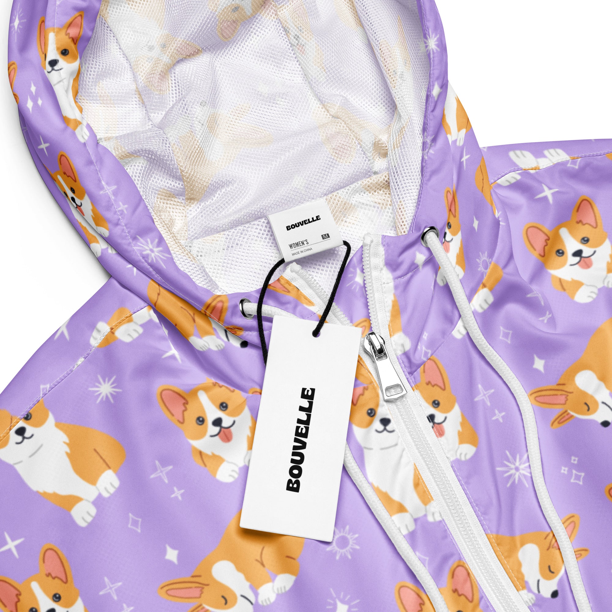 Women’s purple corgi dog cropped windbreaker with white zipper and drawstrings lightweight water resistant jacket