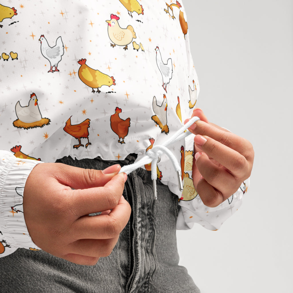 Women’s white chicken cropped windbreaker with playful yellow brown and gray pattern lightweight water resistant jacket
