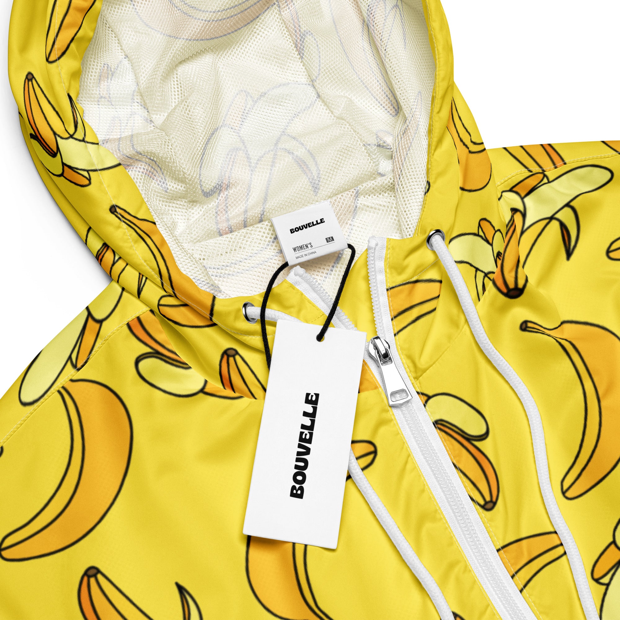 Women’s yellow banana print cropped windbreaker with hood white zipper drawstrings lightweight and water resistant