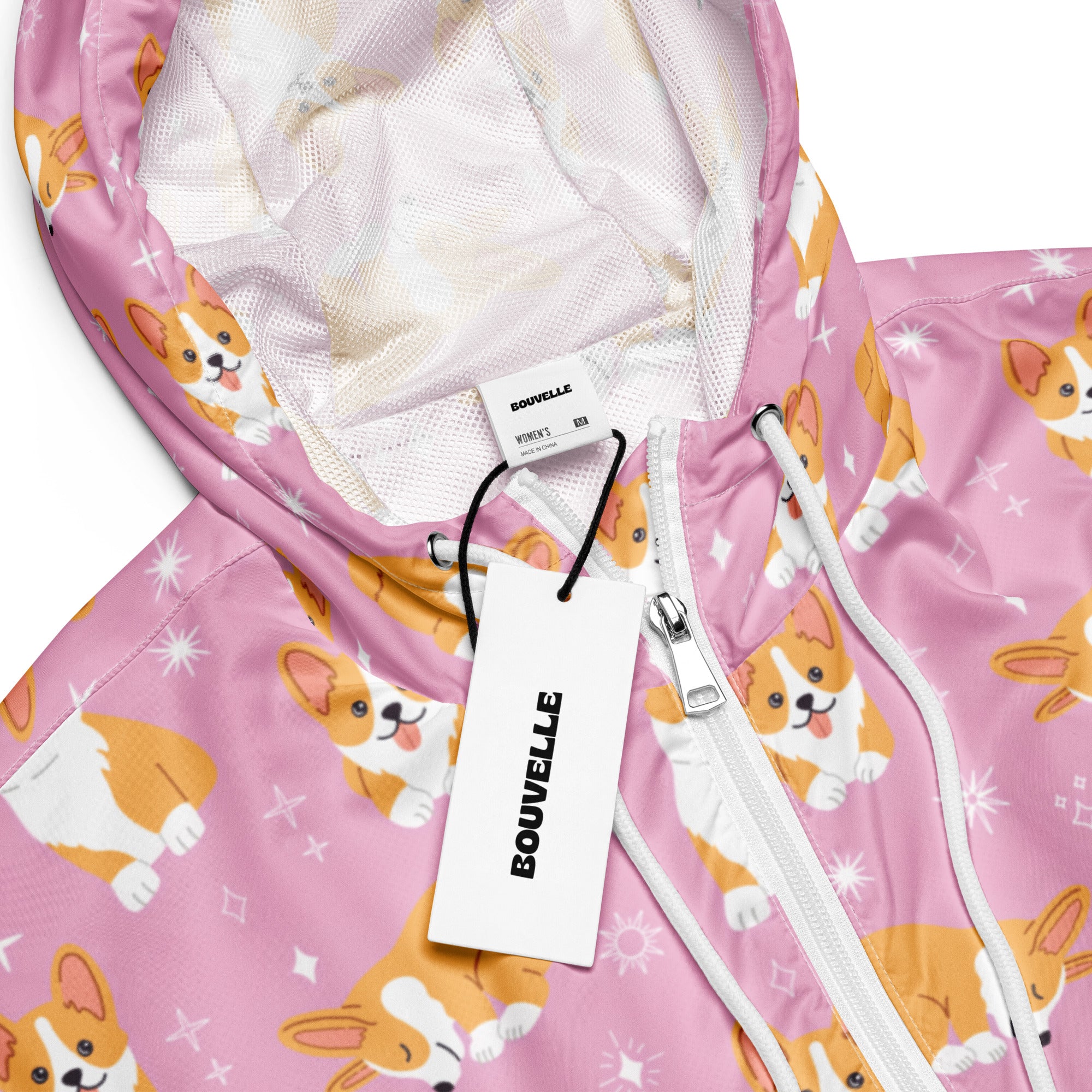 Women’s pink corgi cropped windbreaker with adjustable hood white zipper trim mesh lining lightweight water resistant jacket