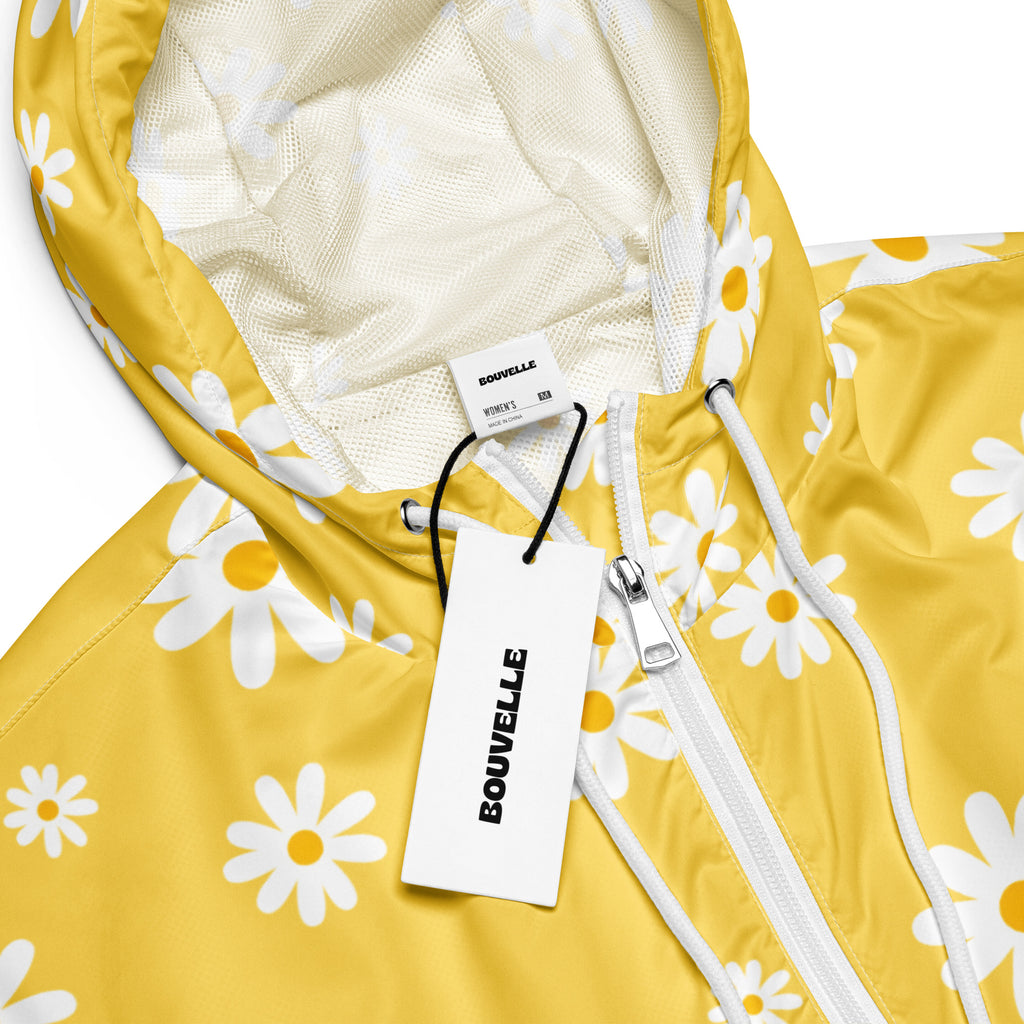 Women’s yellow daisy cropped windbreaker by bouvvelle lightweight water resistant jacket with adjustable hood and pockets