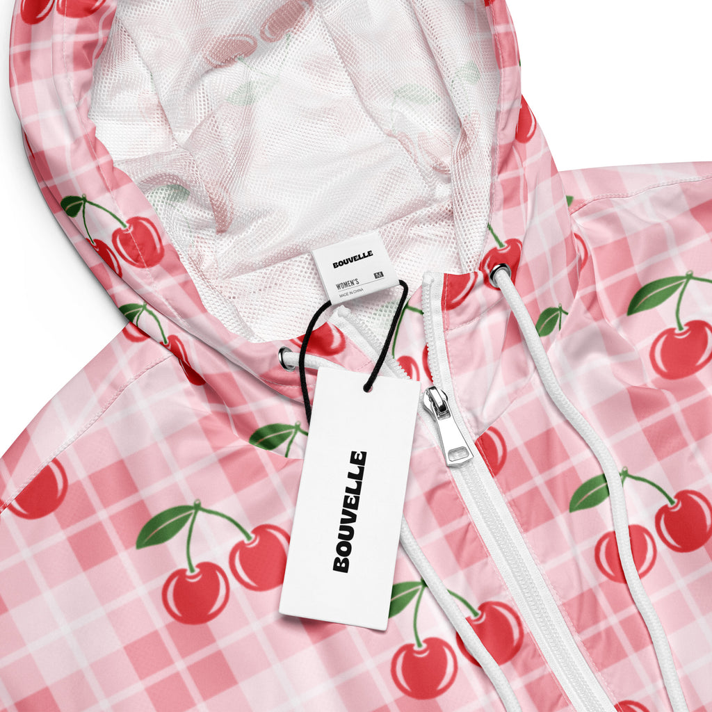 Women’s pink cherry plaid cropped windbreaker with white zipper and drawstrings lightweight water resistant jacket
